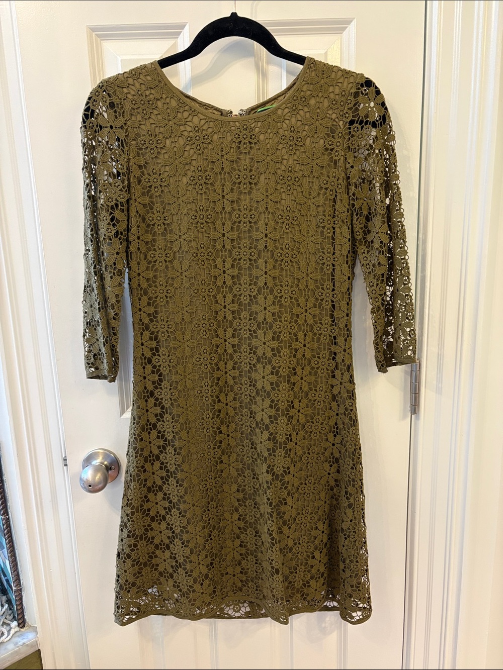 C. Wonder Olive Lace Shift Dress with Three-Quarter Sleeves